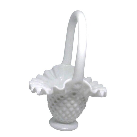 Vintage Fenton White Milk Glass Hobnail Basket with Ruffled Edge and Handle - Picture 5 of 5